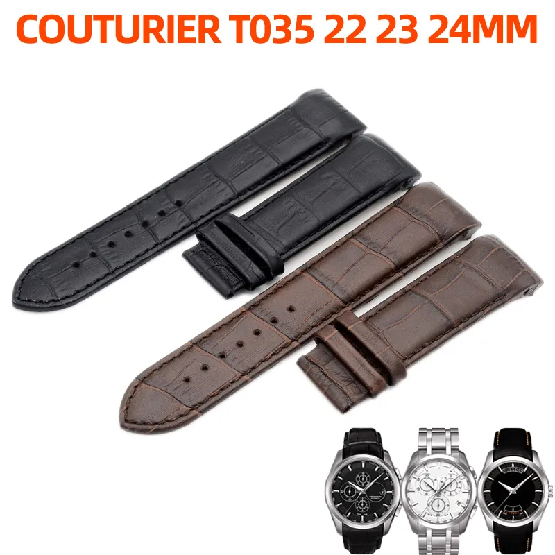 22mm 23mm 24mm Brown Leather Watch Band For Tissot COUTURIER T035 Watch,  Genuine Leather Watch Strap With Steel Buckle