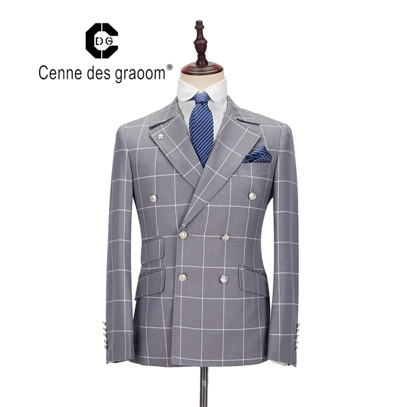 Cenne des Graoom 새로운 남자 슈트 체크 무늬 더블 가슴 2 조각 6 버튼 슬림 맞는 고품질 웨딩 파티 의상 DG-MT 201105
