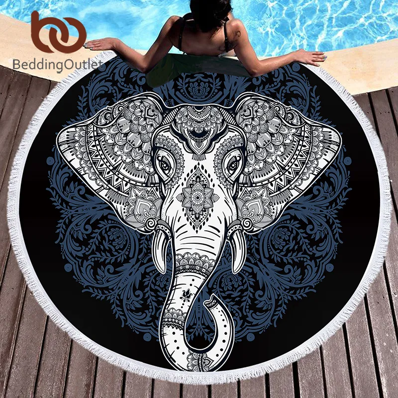 Beddingoutlet Fil Mandala Yuvarlak Plaj Havlusu Yetişkinler Için Boho Mikrofiber Banyo Havlusu Püsküller Bohemian Egzotik Yoga Mat Y200429