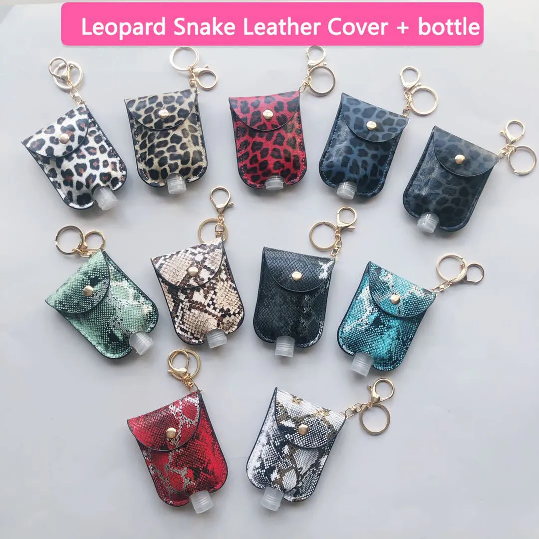 Portabottiglie per disinfettante per le mani con stampa leopardata in pelle di serpente Borsa portachiavi in pelle PU Portabottiglie per sapone per le mani Portabottiglie da viaggio ricaricabile a tenuta stagna da 30 ml