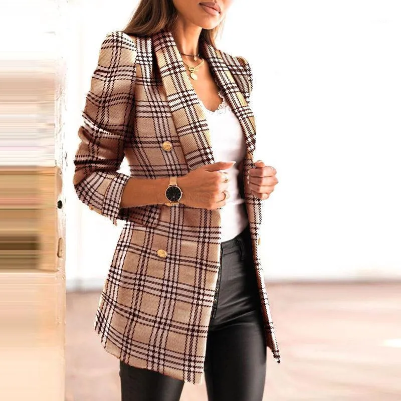 Giacche da donna Moda Autunno Inverno Giacca da donna 2021 Design doppio petto Colletto rovesciato Manica lunga Stampa Slim Cardgian Cappotti Khaki1