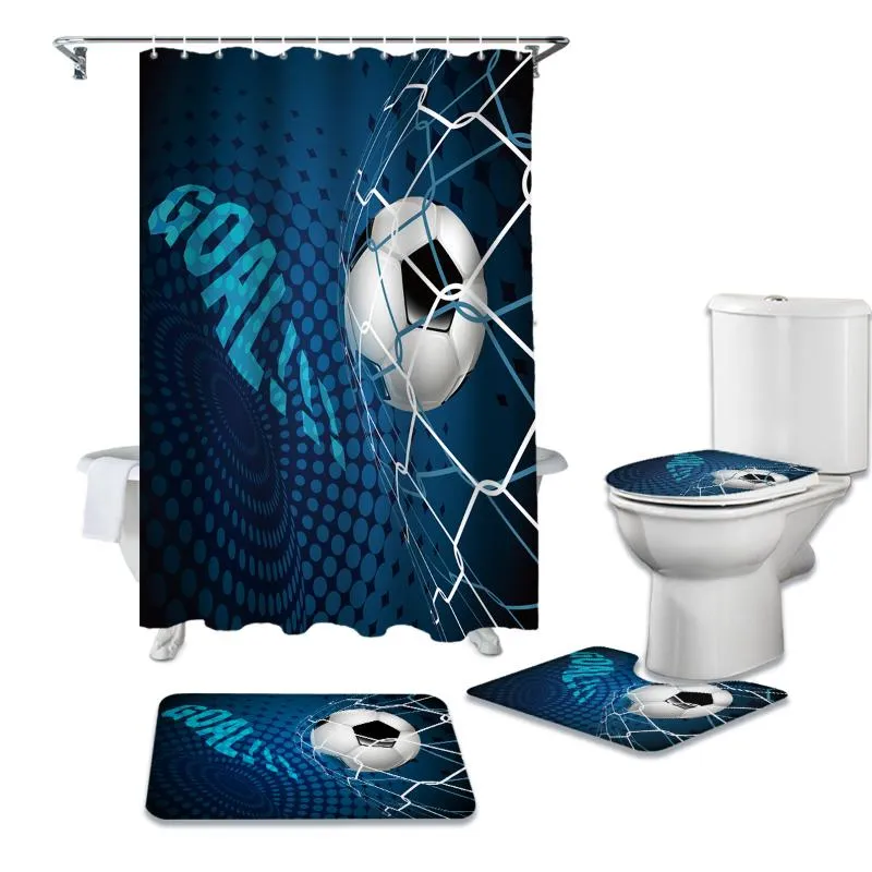 Soccer Balls Football Design Shower Curtain Sets Non-Slip Rugs Toilet Lid Cover and Bath Mat Waterproof Bathroom Curtains