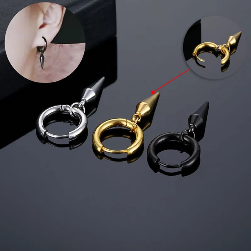 Unisex Cono Body Jewelry Bullet Ciondola Orecchini a cerchio Argento Acciaio inossidabile 316L Punk Hip Hop Rock Ear Hoops