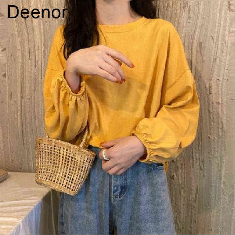 Deenor Women's Bottoming Basic Shirt Lantern Sleeve Top Spring Autumn Long Sleeved T-shirt Soild Woman Clothes H1230