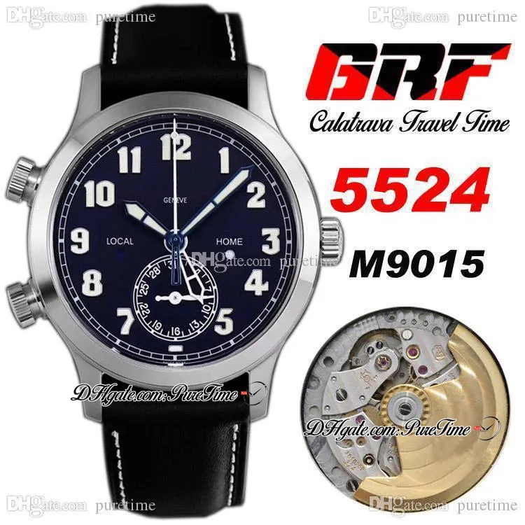 GRF V2 Calatrava Travel Time 5524g Miyota 9015 Automatiska Mens Watch Steel Wase Blue Ring Big Numer Markörer Läder med vitlinje Klockor Super Edition Puretime B2