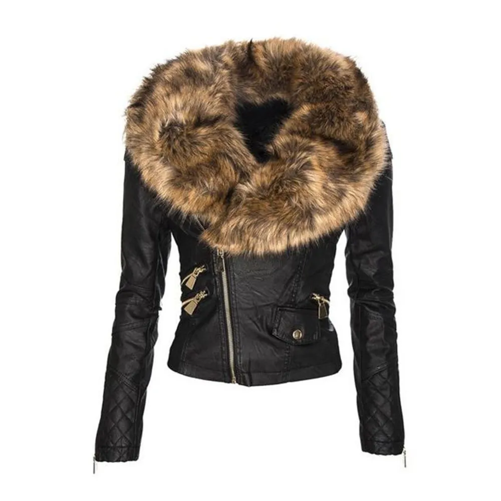 Women's Black Faux Fur Leather ladies biker jacket with