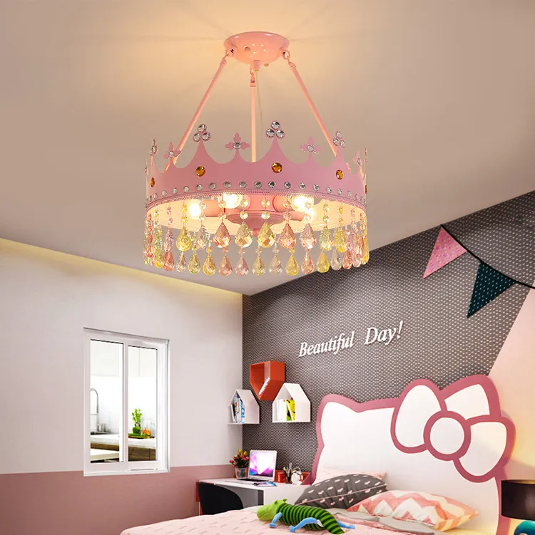 Led chambre d'enfants lustre en cristal filet rouge ins princesse fille dessin animé couronne protection des yeux gradation étude chambre lustre