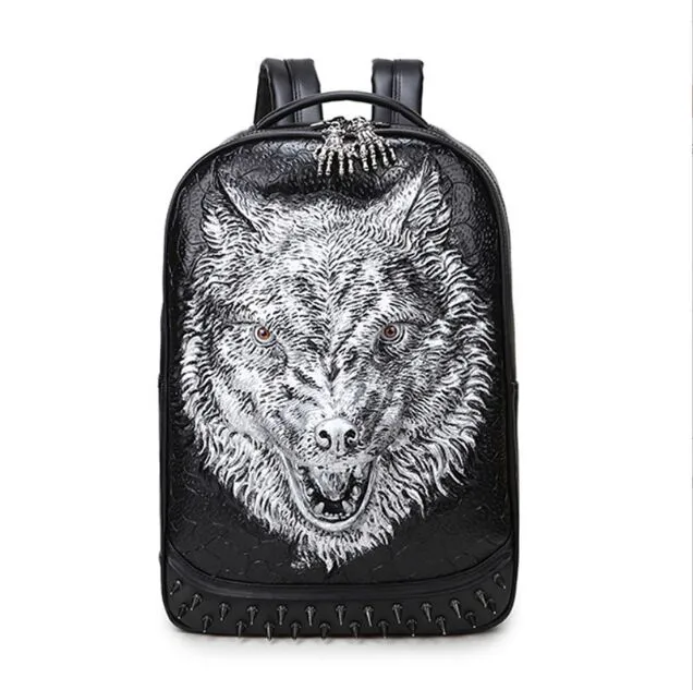 3d black wolf leather backpack Fashion 3D Embossed Wolf Backpack bags Women Men Rivet unique whimsical  Cool giris Bag For Teenagers Laptop Travel Bags fc004