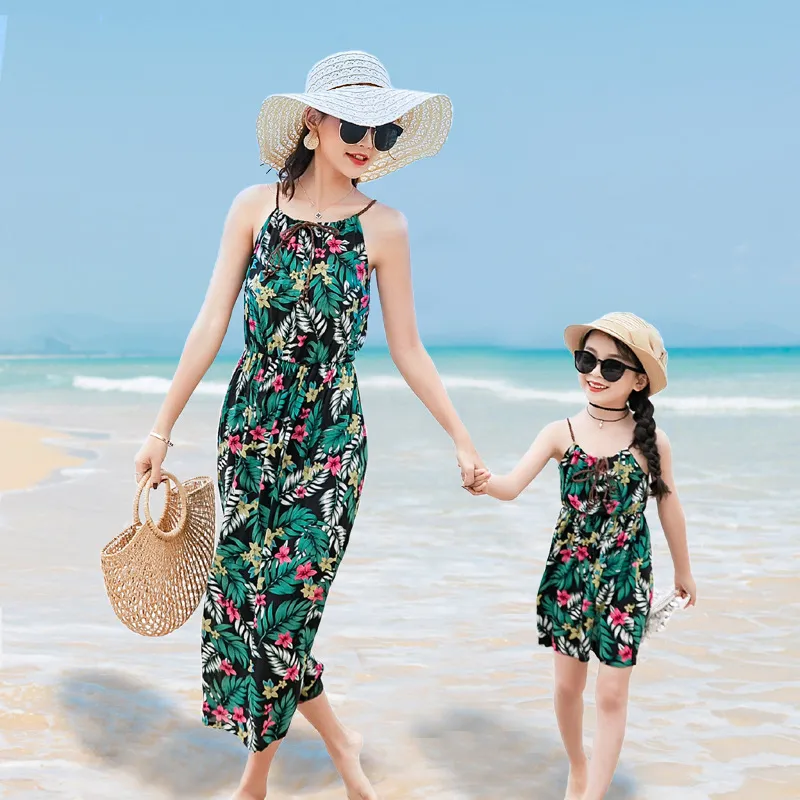 Vestidos para madre e hija, trajes a juego para la familia, estampado  Floral, cuello en V, ropa para niña y madre, vestido veraniego de playa  para