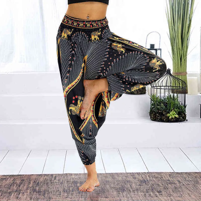 Dropship Women's Boho Yoga Pants Peacock Drawstring Thai