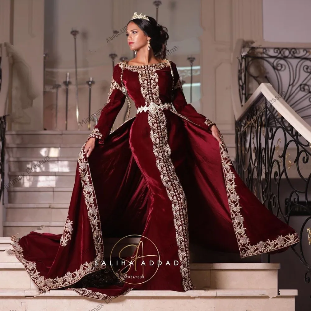 بورجوندي المخملية حفلة موسيقية فساتين رسمية مع Overskirt 2021 Karakou ALGERIEN فاخر الذهب الدانتيل والتطريز قفطان القفطان السهرة