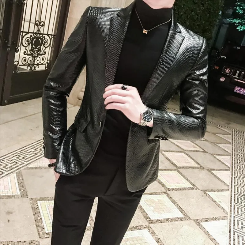 Snakeskin Style PU Faux Leather Jacket for Men Casual Slim Fit Suit Blazer