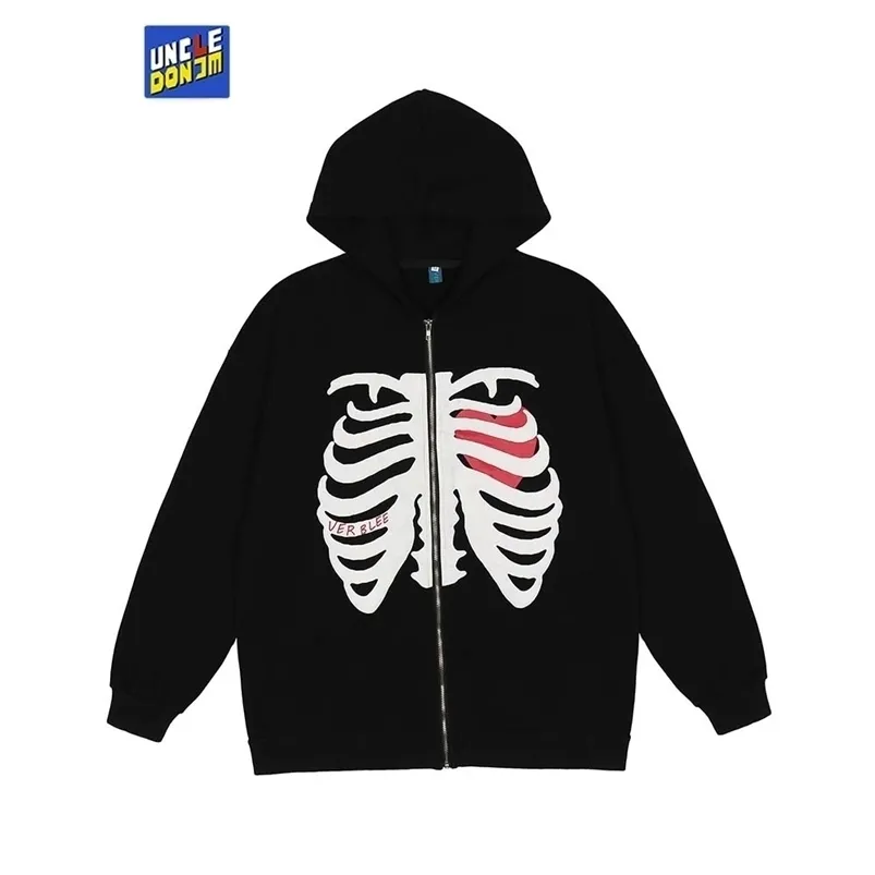 Uncledonjm skeleton hoodies mode mannen harajuku zip up vintage straatkleding hiphop hoodies 220122