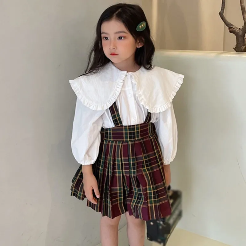 Automne Filles Blouse Poupée Col Turn-down Shirt Mode Enfants Tees Coton Tops À Manches Longues Enfant Vêtements + Plaid Ensemble Jupe 220216