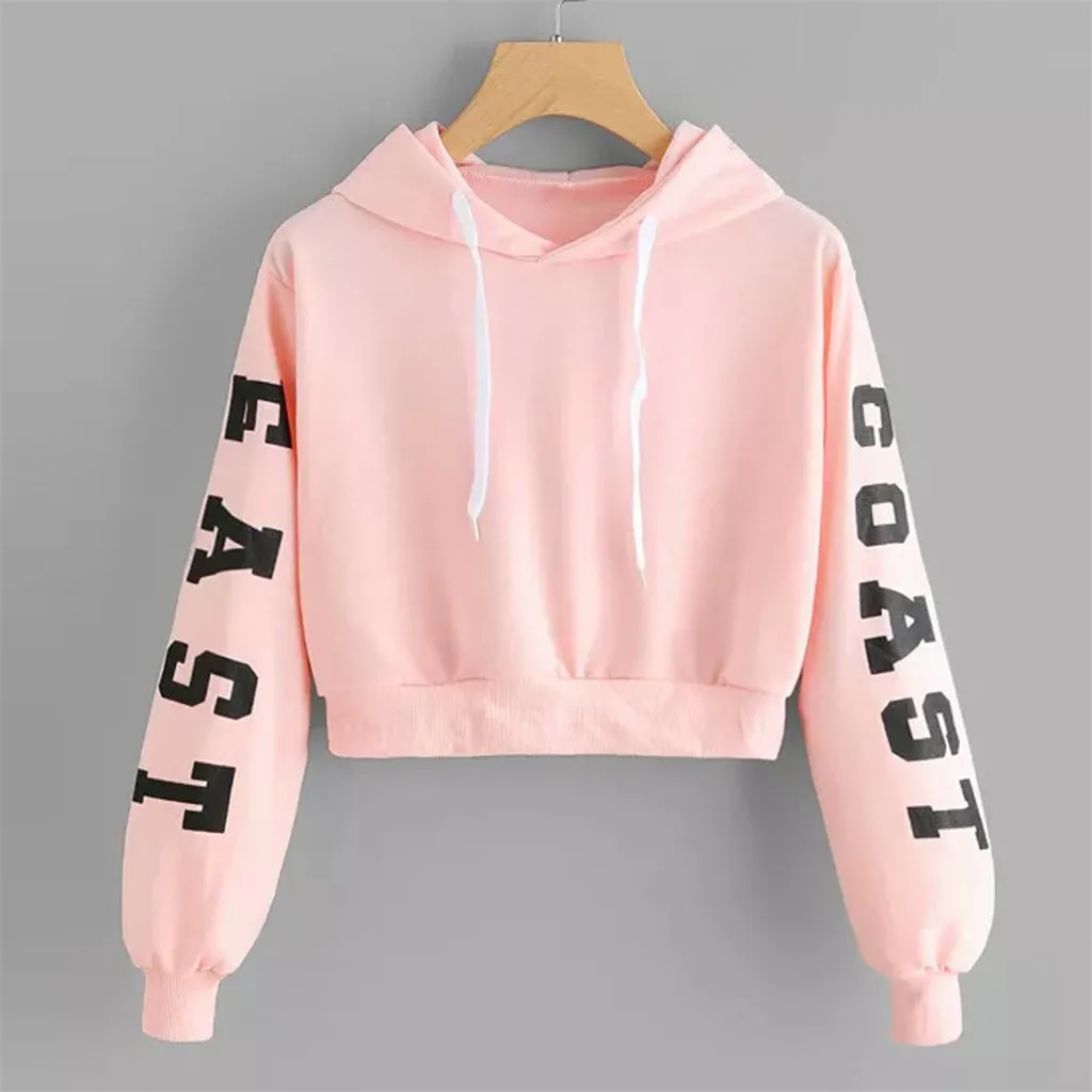 Nyligen design kvinna brev tryck rosa beskärda toppar hoodie tröja höst vinter vårblus topp