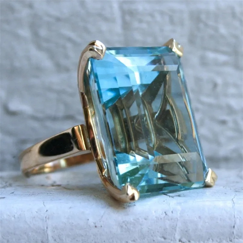 Sea Blue Topaz Stone Princess Diamond Ring Engagement Sapphire Ring 14K Gold Anillos för kvinnor Bizuteria Jade Diamond Smycken 201006