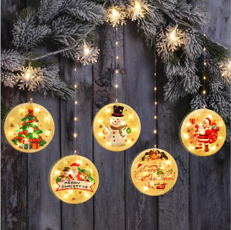 Christmas Tree Round Light LED Colorful Painting Hanging Ornament Battery Curtain Lights Pendant New Year Gift Party Decoration LSK1533