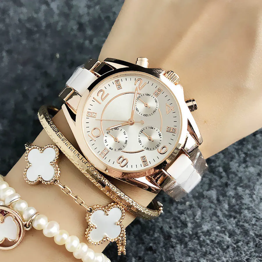 Fashion Brand wrist watch for women Girl 3 Dials crystal style Steel metal band quartz watches M61