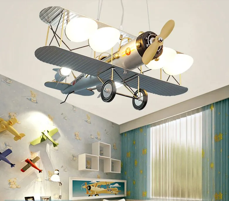 Children's room chandelier Retro wrought iron airplane light American simple personality lamps With Bluetooth music