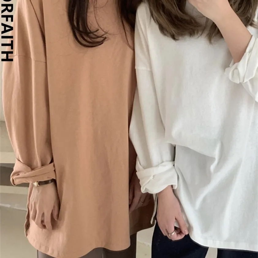 Colorfaith Autumn Trend T-Shirts Oversized Solid Bottoming Long Sleeve Wild Korean Minimalist Style Tops T601 220217