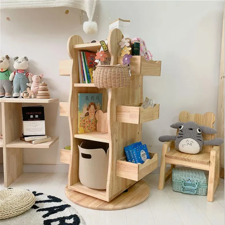 Armoires pour enfants 360 degrés Rotating Bookshelf Boîte à bois massif Livres multifonctionnels Image Réserver Armoire de rangement