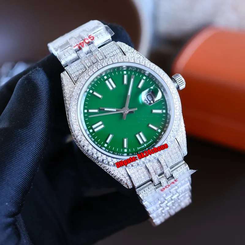 15 stilar Lyx Klockor 41mm DatumJust Iced Out Full Diamond ETA2824 Automatisk Mens Watch Green Dial 904L Stålarmband Diamanter Spänne Gents armbandsur