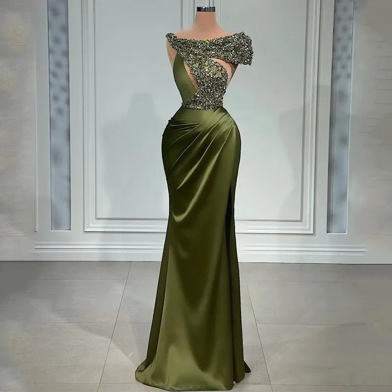 Robes de soirée élégantes sirène en satin olive avec paillettes d'argent col bijou grande taille robes formelles pour occasions spéciales