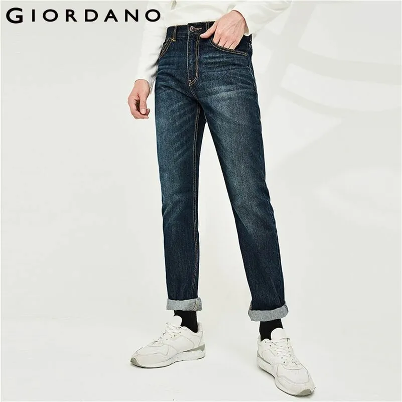 Giordano 남자 청바지 데님 청바지 탄성 중간 상승 좁은 발 품질의 면화 데님 청바지 Pantalones Whiskering Denim Clothing 201118