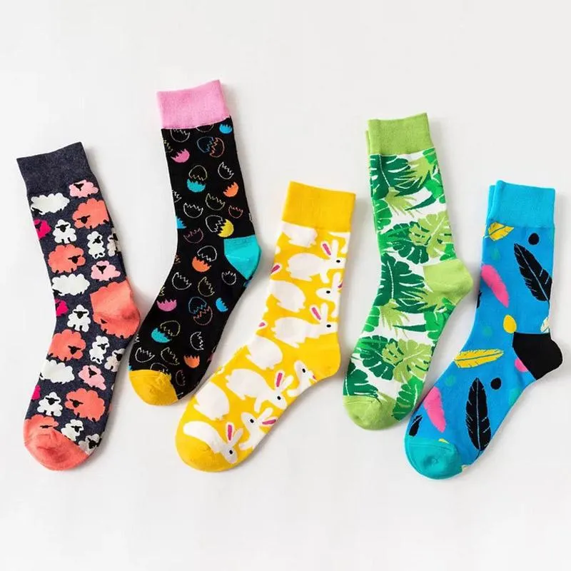 Women Personality Couples Funny Happy Socks Cotton Men Socks Woman Soks Egg Feather Sheep Leaves