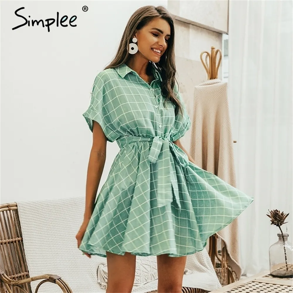 Simplee Elegantes kariertes Schärpen-Frauenkleid Kurzarm A-Linie lässiges Streetwear-weibliches kurzes Kleid Knopf-Sommerkleid LJ200812