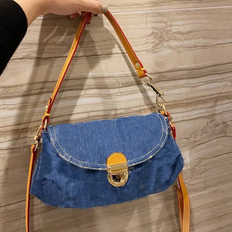 Denim Jeans Shoulder Bag Women Tote Handbag Purse Old flower print Camera Bag  Crossbody Bags Detchable Strap Flap Messenger Bags New