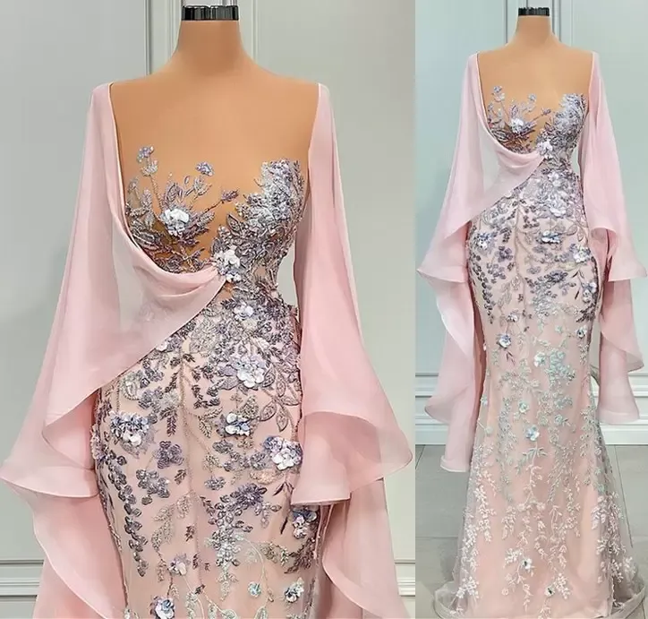 Mermaid Dresses Pink Evening Floor Length Elegnt Embroidery Lace Applique Long Sleeves Custom Made Formal Tail Prom Party Gowns
