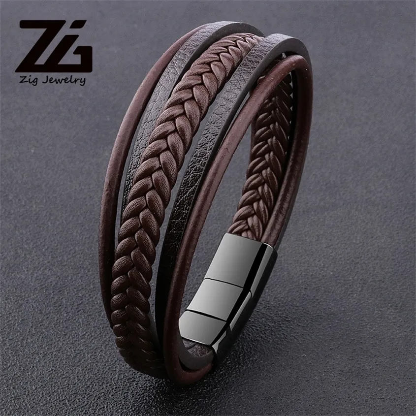 ZG homens punk trança de couro pulseira preto ajustável aço inoxidável fivela magnética pulseira masculino jóias presentes 220222