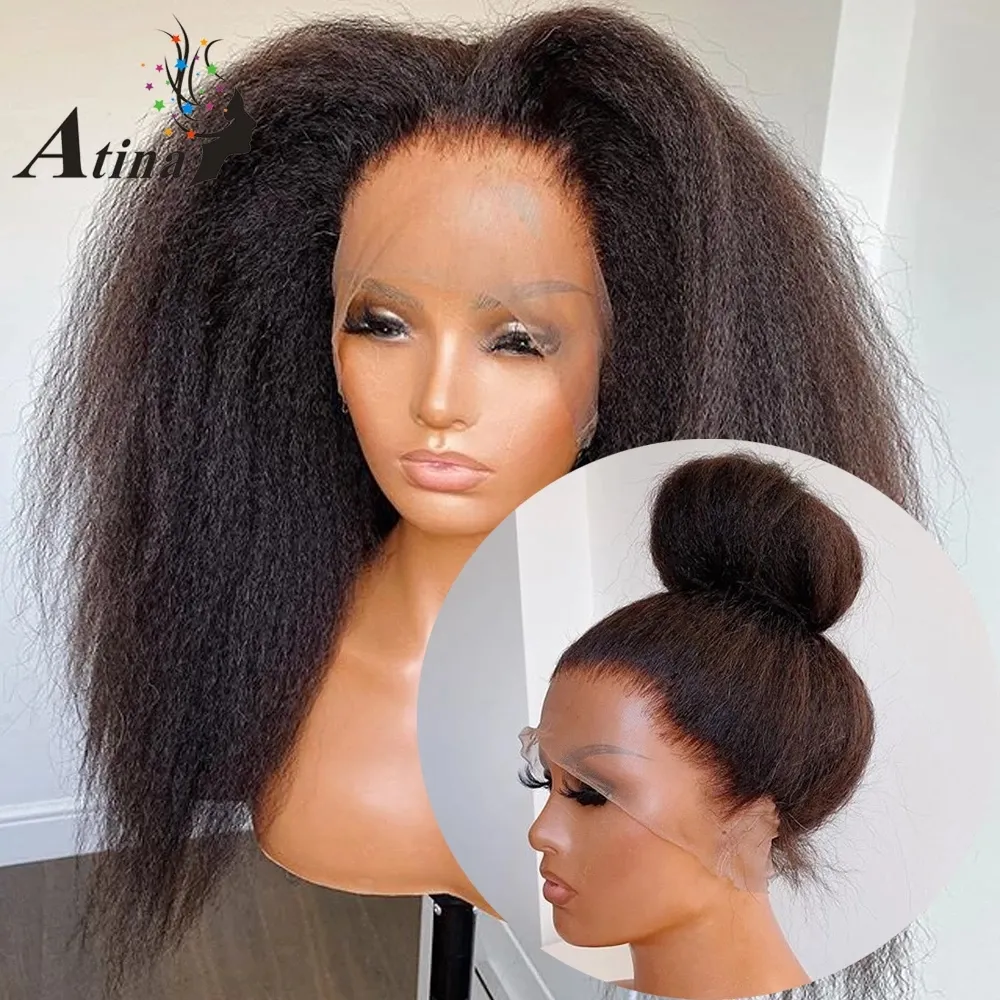 Perruque Lace Frontal Wig synthétique brésilienne naturelle, cheveux crépus lisses, 13x4, pre-plucked, densité 180, pour femmes noires