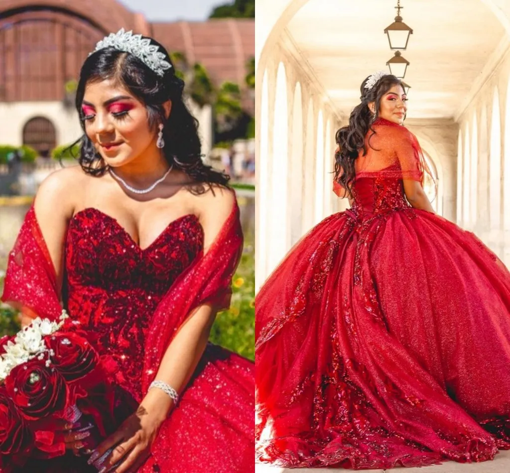 Escuro Vermelho Lantejoulas Rendas Bola Doce 16 Vestidos Com Envoltórios Strapless Lace-Up Tule Princesa Quinceanera Vestidos Vestidosds de Festia formal