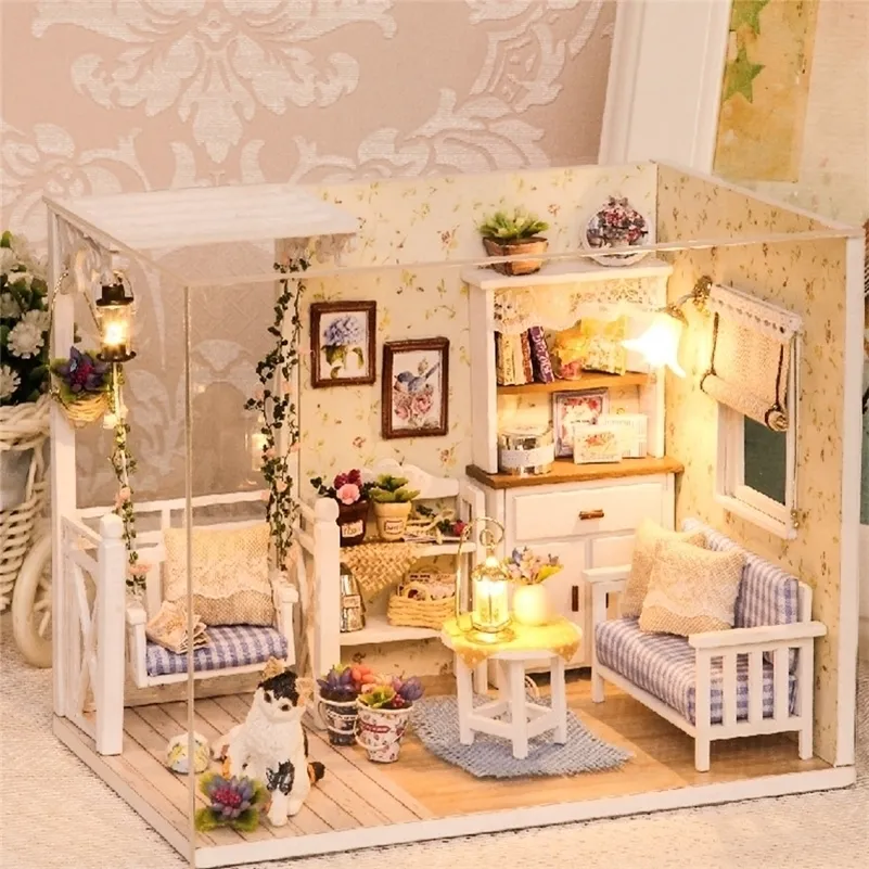 Doll House Мебель DIY Миниатюрный 3D Деревянные Миниатюрные Кукольные Дома Игрушки Для Детских Дня День Рождения Дары Casa Kitten Diary LJ200909