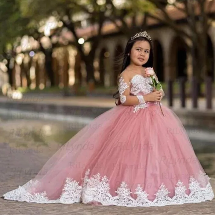 Kwiat Girl Sukienki na Wesela Z Długim Rękawem Koronki Koraliki Dziewczyny Korowód Sukienka Długość Piętro Długość Dzieci Urodziny Communion Dress