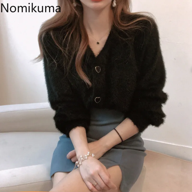 Nomikuma Sueter 2020 New Elegant Cropped Cardigan Single Breasted V Neck Black Sweaters Women Korean Style Ropa Mujer LJ201113