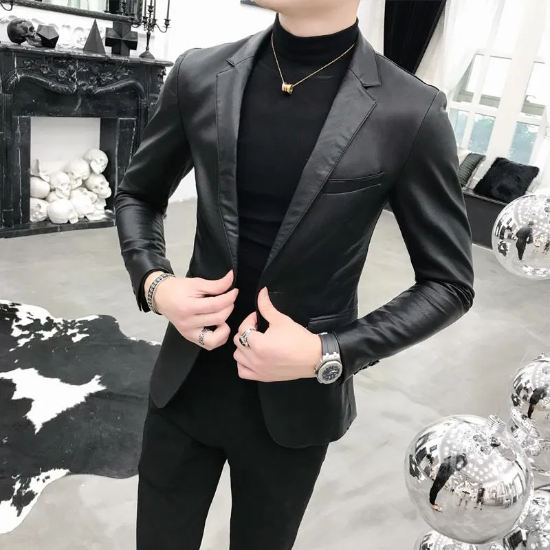 Solid Black Slim Fit Blazer Hombre Pu Leather Jacket Men One Button Business Casu