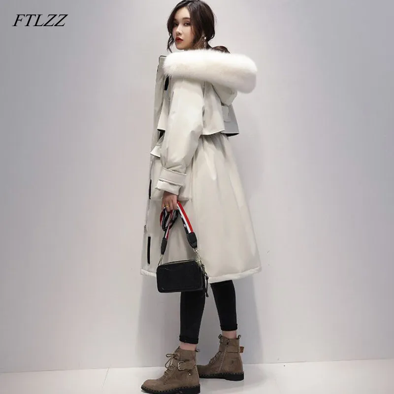 FTLZZ Grande vraie fourrure de renard 90% duvet de canard blanc manteau long veste d'hiver femmes Parkas épais chaud imperméable pardessus 210204