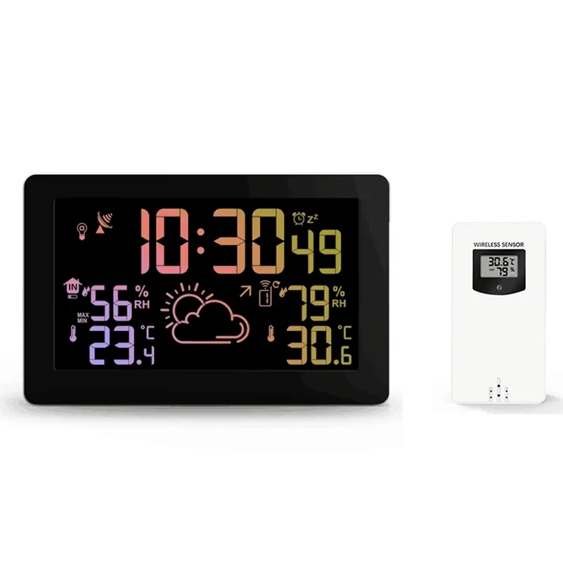 Protmex PT3378A 무선 기상 관측소 온도 습도 센서 다채로운 LCD 디스플레이 일기 예보 RCC 시계 실내/실외 LJ201212