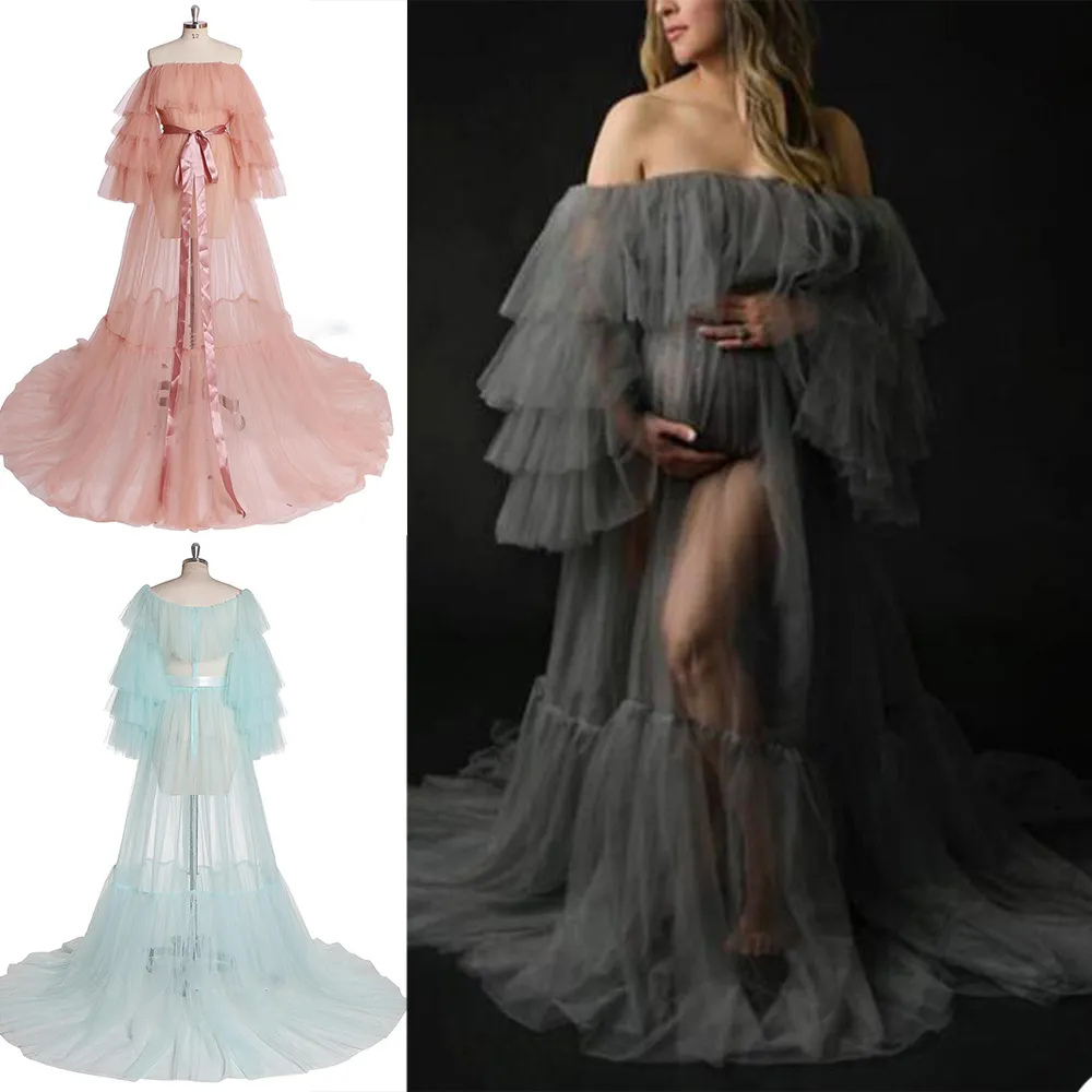 Robe en tulle pour femmes sur mesure, douce, à volants, épaules dénudées, manches longues, robes de séance photo, robes de soirée de maternité, vêtements de nuit, peignoirs