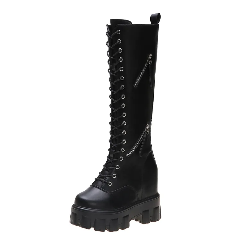 Nouveau hiver femmes genou bottes compensées talons hauts 11 CM plate-forme à lacets bottes longues en peluche à l'intérieur chaud fourrure chaussures bottes de moto