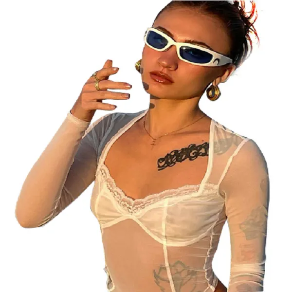Женская футболка жареная летняя кружевная сетка Просмотреть - через сексуальную рубашку с длинными рукавами женщин