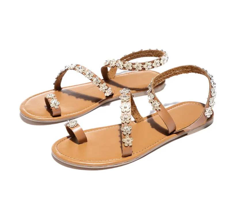 European and American fashion women summer casual sandals pearl beads slippers comfortable string flat rhinestone hand toe cover 35-44