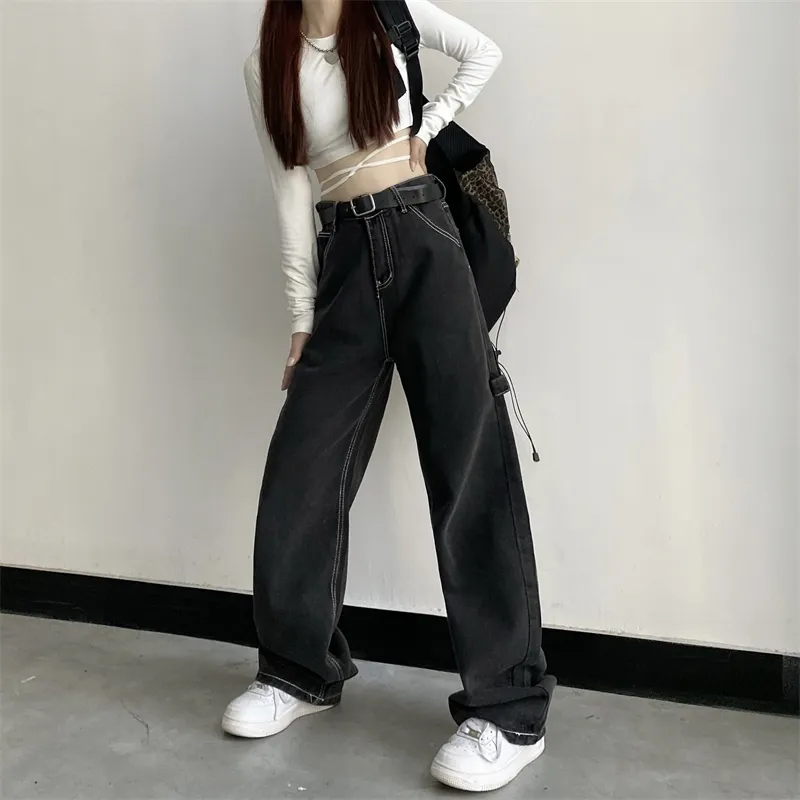Women Jeans Vintage High Waist Y2k Streetwear Korean Fashion Black Grey  Straight Jean Pants Ladies Baggy Wide Leg Denim Trousers 220310
