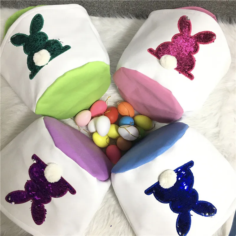 Party Bunny Easter Basket 4 Colors Canvas Sequin Reversible Rabbit Bucket Kids Candy Egg Storage Bag With Round Tail Festival Supplies