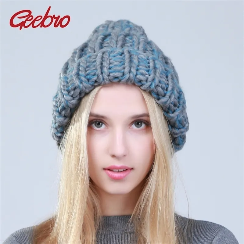 Geebro Feminino Inverno Quente Colorido Color Gosquinhos Handmade Grosso Grosso Malha Linhas Grossas Chapéu Mulheres Crochet Mulheres Adoráveis ​​Y201024