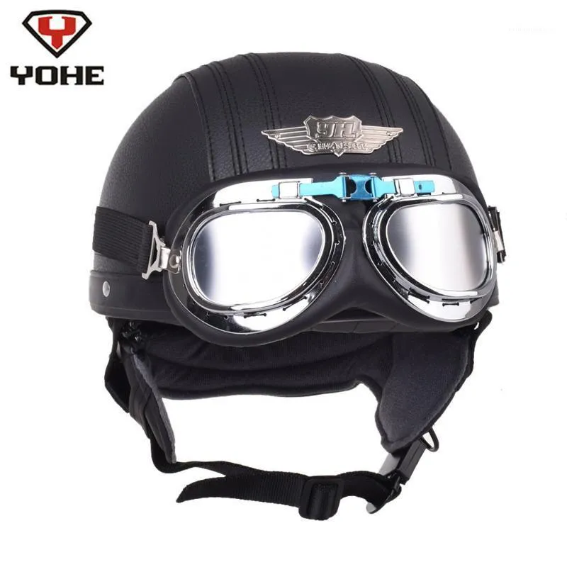 YOHE Retro Motorcycle Helmet Cruiser Leather Pilot Scooter Vintage Half