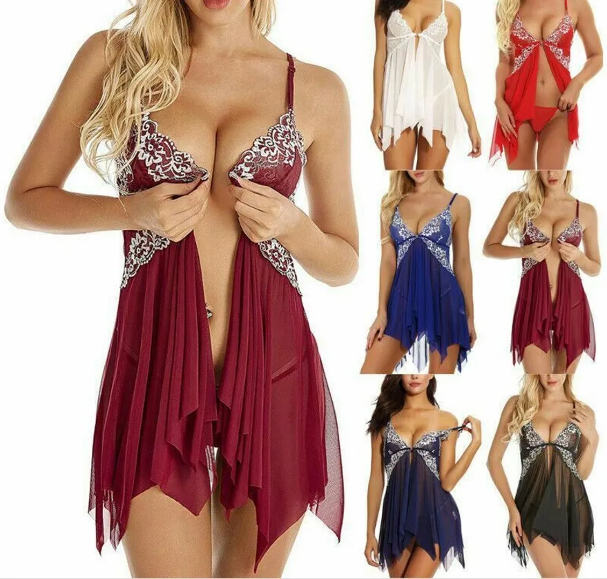 Lingerie feminina rendada babydoll pijamas com decote em V camisola de alças + fio dental camisola camisola plus size